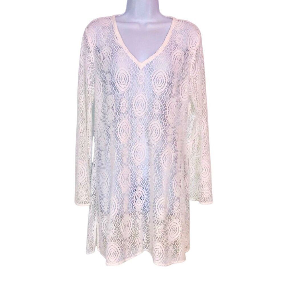 WomenS M Swim Cover Up White Lace Summer Dress Beach Long Sleeve